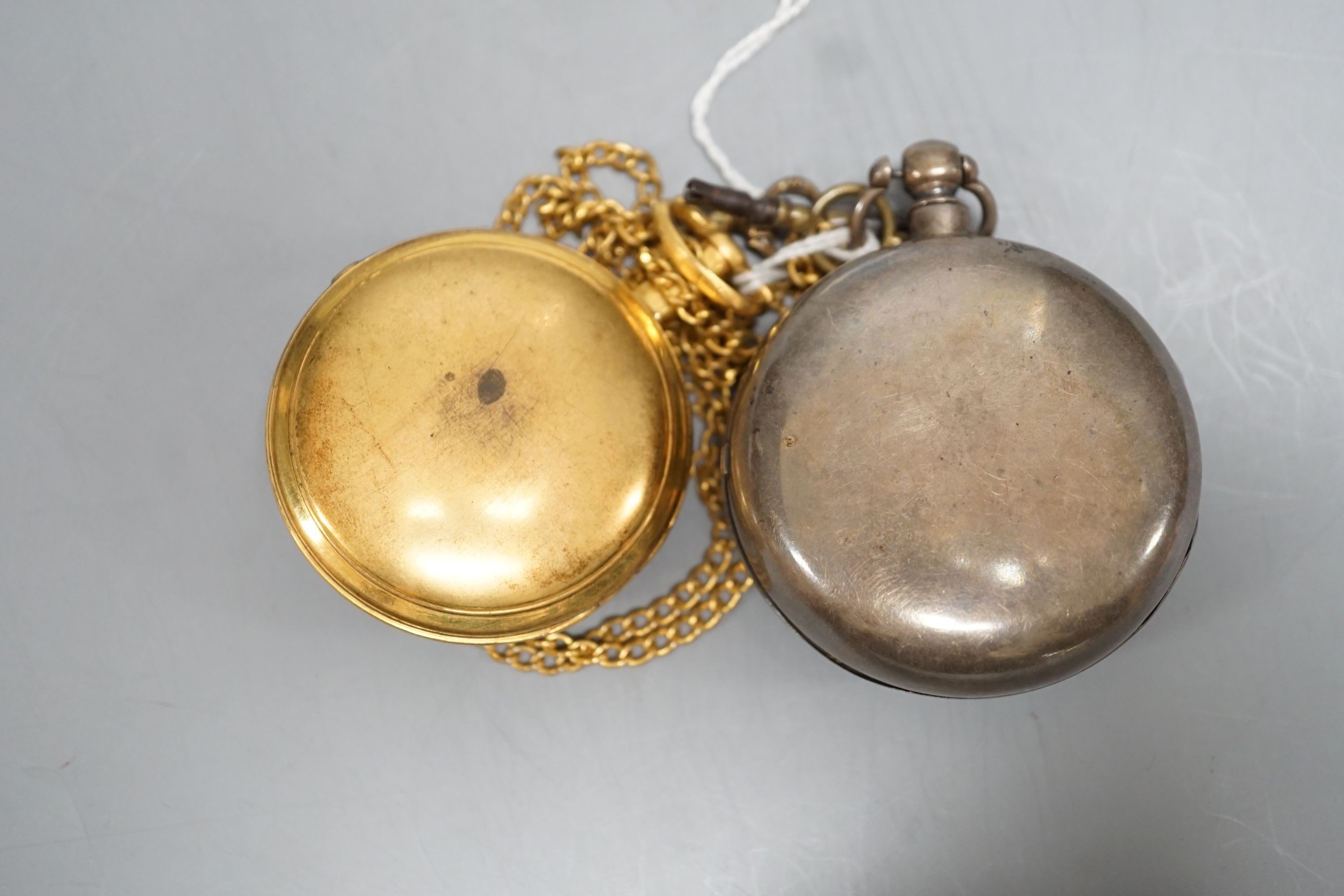 A Victorian silver pair cased pocket watch by Edward Fowle, Westerham and a gilt metal pocket watch missing outer case